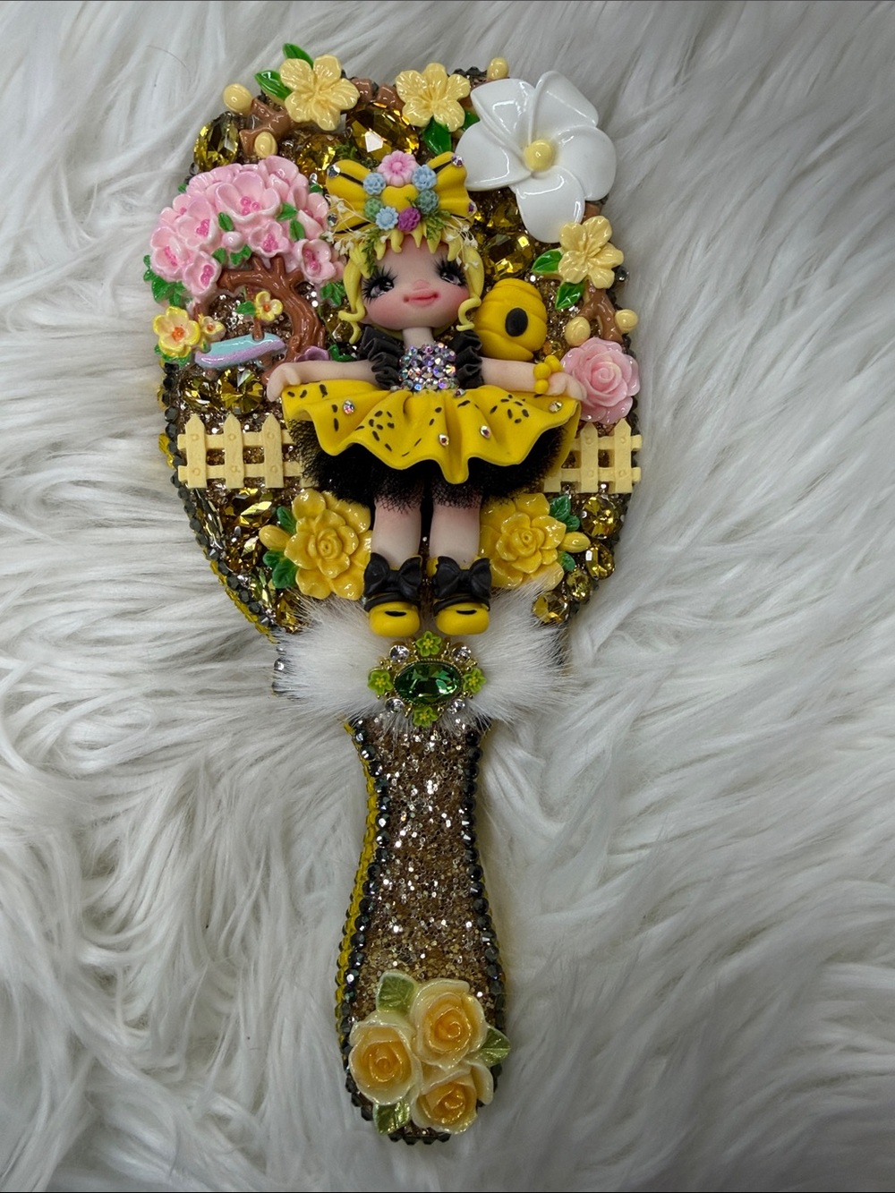 Handmade Yellow Flower Doll Decorative Vintage Mirror